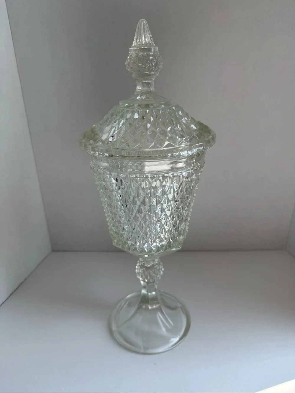 Indiana Glass Diamond Point 16” Footed Apothecary Candy Jar Vintage